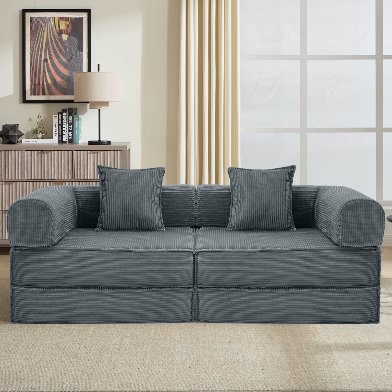 78" Convertible Sleeper Sofa Bed, Modular Corduroy Couch With 2 Pillows, Compressed Floor Sofa For Living Room, Bedroom (Grey)_voghion.com